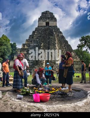 Alte Ruinen einer Maya-Zivilisation namens Tikal, die inmitten der Regenwälder Guatemalas zu finden sind. Stockfoto