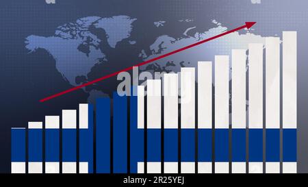 Finnische Flagge auf Balkendiagramm Konzept mit steigenden Werten, wirtschaftlicher Erholung und Geschäftsverbesserung nach Krise und anderen Katastrophen wie Wirtschaft und b Stockfoto
