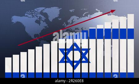 Israelische Flagge auf dem Balkendiagramm Konzept mit steigenden Werten, wirtschaftlicher Erholung und Geschäftsverbesserung nach der Krise und anderen Katastrophen wie Wirtschaft und Bus Stockfoto