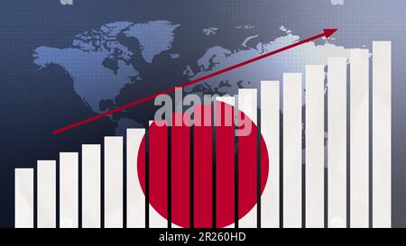 Japanische Flagge auf dem Balkendiagramm Konzept mit steigenden Werten, wirtschaftlicher Erholung und Geschäftsverbesserung nach der Krise und anderen Katastrophen wie Wirtschaft und Bus Stockfoto