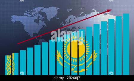 Kasachstan-Flagge auf Balkendiagramm-Konzept mit steigenden Werten, wirtschaftlicher Erholung und Geschäftsverbesserung nach der Krise und anderen Katastrophen wie Wirtschaft an Stockfoto