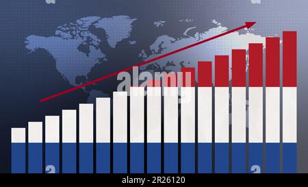 Niederländische Flagge auf Balkendiagramm Konzept mit steigenden Werten, wirtschaftlicher Erholung und Geschäftsverbesserung nach Krise und anderen Katastrophen wie Wirtschaft A. Stockfoto