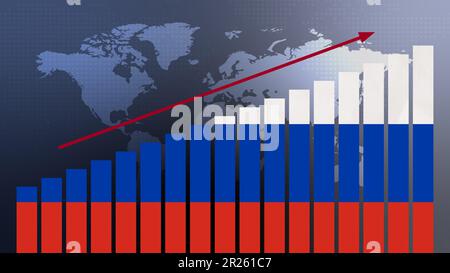 Russische Flagge auf dem Balkendiagramm Konzept mit steigenden Werten, wirtschaftlicher Erholung und Geschäftsverbesserung nach der Krise und anderen Katastrophen wie Wirtschaft und Bus Stockfoto