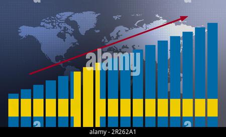 Die schwedische Flagge auf dem Balkendiagramm mit steigenden Werten, wirtschaftlicher Erholung und Geschäftsverbesserung nach der Krise und anderen Katastrophen wie Wirtschaft und Bus Stockfoto