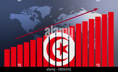 Tunesien-Flagge im Balkendiagramm-Konzept mit steigenden Werten, wirtschaftlicher Erholung und Verbesserung der Wirtschaft nach der Krise und anderen Katastrophen wie Wirtschaft und b Stockfoto