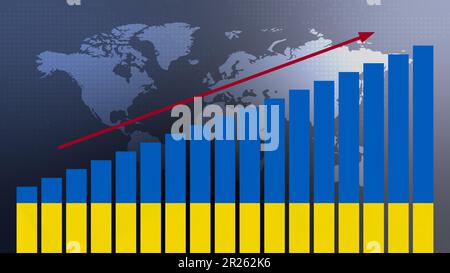 Ukrainische Flagge auf dem Balkendiagramm Konzept mit steigenden Werten, wirtschaftlicher Erholung und Verbesserung der Wirtschaft nach der Krise und anderen Katastrophen wie Wirtschaft und b Stockfoto