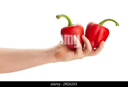 Paprika in der Hand weg isoliert auf weißem Stockfoto