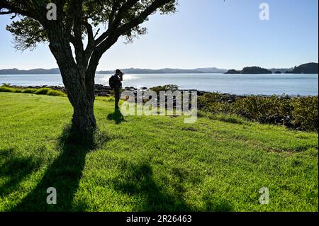 Die Waitangi Grounds, auch bekannt als Waitangi Treaty Grounds, haben große Bedeutung in der Geschichte und Kultur Neuseelands. Das Gelände befindet sich in der Bay of Islands, Northland, und ist eine berühmte Stätte, an der der Vertrag von Waitangi zwischen den indigenen Māori und der britischen Krone im Jahr 1840 unterzeichnet wurde. Stockfoto