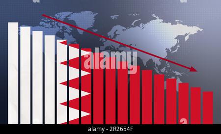 Bahrain-Flagge auf Balkendiagramm Konzept mit abnehmenden Werten, Konzept der Wirtschaftskrise, politische Konflikte, Kriegskonzept mit Flagge Stockfoto