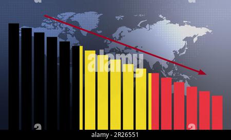 Belgische Flagge auf Balkendiagramm Konzept mit abnehmenden Werten, Konzept der Wirtschaftskrise, politische Konflikte, Kriegskonzept mit Flagge Stockfoto
