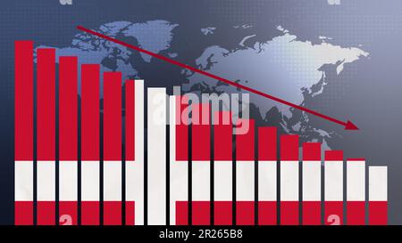 Dänische Flagge auf Balkendiagramm Konzept mit abnehmenden Werten, Konzept der Wirtschaftskrise, politische Konflikte, Kriegskonzept mit Flagge Stockfoto