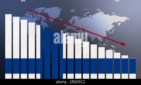 Finnische Flagge auf Balkendiagramm Konzept mit abnehmenden Werten, Konzept der Wirtschaftskrise, politische Konflikte, Kriegskonzept mit Flagge Stockfoto