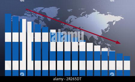 Griechische Flagge auf Balkendiagramm Konzept mit abnehmenden Werten, Konzept der Wirtschaftskrise, politische Konflikte, Kriegskonzept mit Flagge Stockfoto