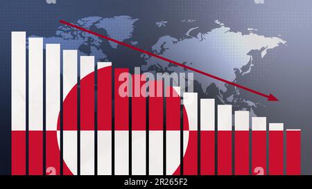 Grönland Flagge auf Balkendiagramm Konzept mit abnehmenden Werten, Konzept der Wirtschaftskrise, politische Konflikte, Kriegskonzept mit Flagge Stockfoto