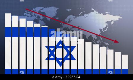 Israelische Flagge auf Balkendiagramm Konzept mit abnehmenden Werten, Konzept der Wirtschaftskrise, politische Konflikte, Kriegskonzept mit Flagge Stockfoto