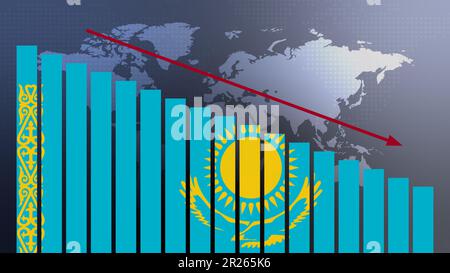 Kasachische Flagge auf Balkendiagramm Konzept mit abnehmenden Werten, Konzept der Wirtschaftskrise, politische Konflikte, Kriegskonzept mit Flagge Stockfoto