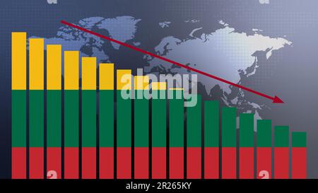 Litauische Flagge auf Balkendiagramm Konzept mit abnehmenden Werten, Konzept der Wirtschaftskrise, politische Konflikte, Kriegskonzept mit Flagge Stockfoto