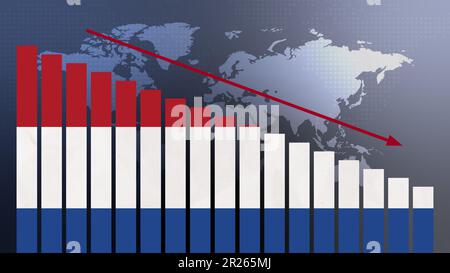 Niederländische Flagge auf Balkendiagramm Konzept mit abnehmenden Werten, Konzept der Wirtschaftskrise, politische Konflikte, Kriegskonzept mit Flagge Stockfoto