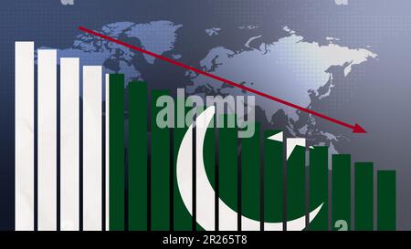 Pakistanische Flagge auf Balkendiagramm Konzept mit abnehmenden Werten, Konzept der Wirtschaftskrise, politische Konflikte, Kriegskonzept mit Flagge Stockfoto