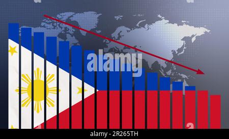 Philippinische Flagge auf Balkendiagramm Konzept mit abnehmenden Werten, Konzept der Wirtschaftskrise, politische Konflikte, Kriegskonzept mit Flagge Stockfoto
