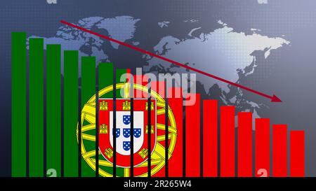 Portugiesische Flagge auf Balkendiagramm Konzept mit abnehmenden Werten, Konzept der Wirtschaftskrise, politische Konflikte, Kriegskonzept mit Flagge Stockfoto