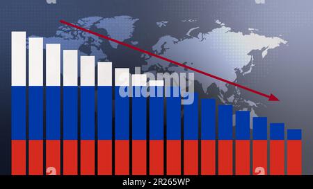 Russische Flagge auf Balkendiagramm Konzept mit abnehmenden Werten, Konzept der Wirtschaftskrise, politische Konflikte, Kriegskonzept mit Flagge Stockfoto