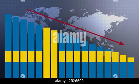 Schwedische Flagge auf Balkendiagramm Konzept mit abnehmenden Werten, Konzept der Wirtschaftskrise, politische Konflikte, Kriegskonzept mit Flagge Stockfoto