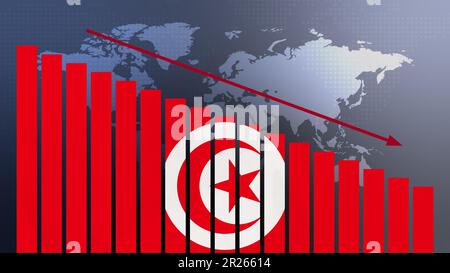 Tunesien Flagge auf Balkendiagramm Konzept mit abnehmenden Werten, Konzept der Wirtschaftskrise, politische Konflikte, Kriegskonzept mit Flagge Stockfoto