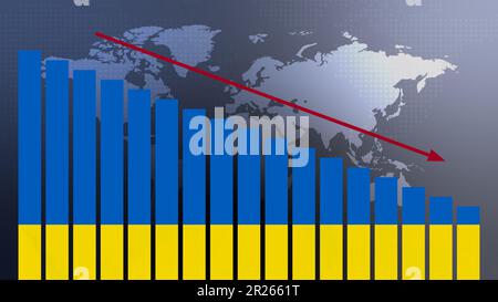 Ukrainische Flagge auf Balkendiagramm Konzept mit abnehmenden Werten, Konzept der Wirtschaftskrise, politische Konflikte, Kriegskonzept mit Flagge Stockfoto