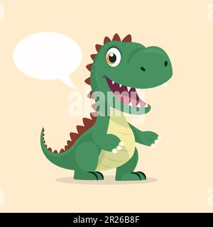 Vector Cute Kind Lächelnder Dinosaurier. Happy Cartoon Green Dinosaur Tyrannosaurus Rex, Tyrex mit Speech Bubble in Flat Style auf blauem Hintergrund Stock Vektor