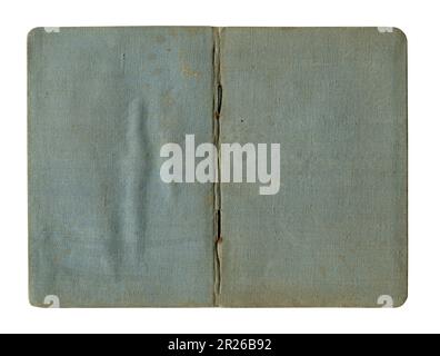 Vorderansicht Nahaufnahme eines kleinen, offenen Notizbuches in Vintage-Blau mit verfärbtem und zerknittertem Leinentuch aus Buchenholz, isoliert auf weiß Stockfoto