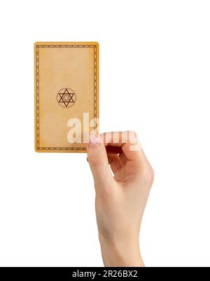 Berlin Deutschland Mai 16 2023 Handtarot-Karte Rückansicht, Rückseite isoliert auf Weiß. Stockfoto