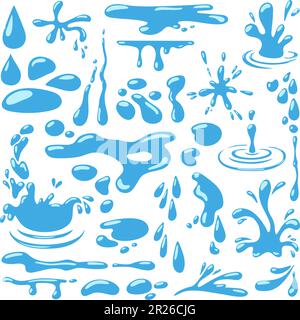 Cartoon Wasserpfützen und Tropfen, blauer Tropfen, der herabfällt und spritzt. Pudelriss, isolierte Spritzer, Pfütze und Regen. Neoterischer Vektorclipart Stock Vektor