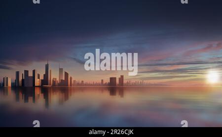 3D-Darstellung der modernen Skyline der Stadt vor dem Himmel bei Sonnenuntergang Stockfoto