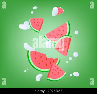 Saftige Wassermelonenscheiben, 3D Fruchtschnitten und weiße abstrakte Formen. Moderne, realistische abstrakte Komposition, Sommerfrüchte geben Vektorgrafiken wieder Stock Vektor