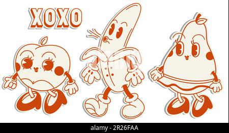 XOXO Banane Pfirsichbirne groovy Illustrationsaufkleber Stock Vektor