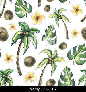 Tropische Kokospalmen und Monsterablätter mit Frangipani-Blumen. Aquarell-Illustration, Cartoon-Stil, handgezeichnet. Nahtloses Muster auf Weiß Stockfoto