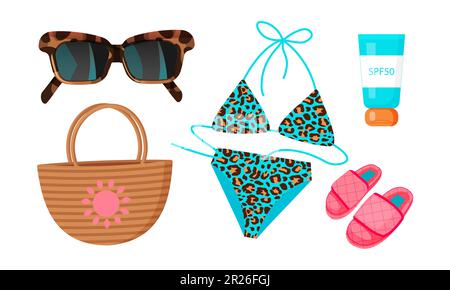 Ein Set Modeaccessoires von der Sonne. Sommerset mit niedlichen Elementen, blauem Leopardenanzug, Sonnenbrille, pinkfarbenen Hausschuhen und Sonnencreme. Cartoon-Vektor Il Stock Vektor