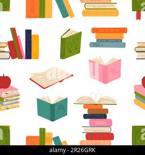 Cartoon-Bücher mit nahtlosem Muster, dekoratives Papier zum Bedrucken von Büchern. Unterricht, Bibliothek oder Buchhandlung mit klassischem Vektorhintergrund Stock Vektor