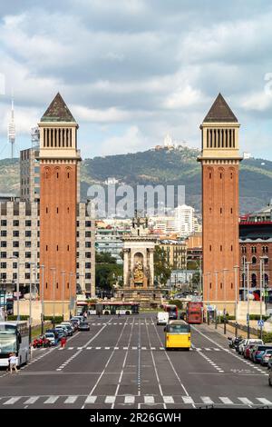 Venezianische Türme auf dem Platz von Spanien in Barcelona. Spanien. Stockfoto