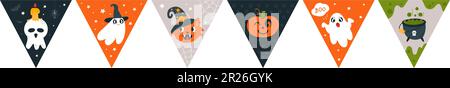 Cartoon-halloween-Motive mit Fantasy-Bunting-Motiven. Einfache Kinderbanner mit Kürbis, Geist und Katze. Festliche Flaggen-Girlande, Hängeparty, eleganter Vektor Stock Vektor