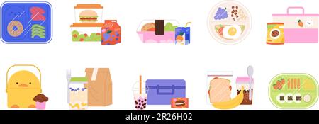 Lunchbox für Kinder, Snack-Set. Rucksackkost, Sandwichbrot, Obst und Getränke. Kindergarten oder Schulfrühstück, Mahlzeiten zum Mitnehmen, Reizvektorset Stock Vektor