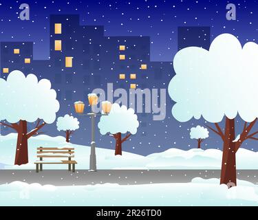 Stadtpark im Winter. Laternen und eine Bank, umgeben von Drifts und Schnee. Abbildung eines flachen Vektors mit Verläufen. Stock Vektor
