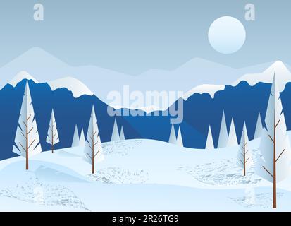 Winterlandschaft. Bäume und verschneite Wiesen umgeben von Bergen. Abbildung eines flachen Vektors. Stock Vektor