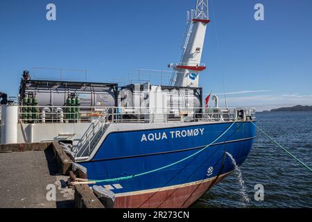 MOWI Canada West's Aqua Tromoy wird für umweltfreundliche Gesundheitsbehandlungen von Fischen und für die Verbringung von Fischen von einem Gebiet zum anderen, Port Hardy, verwendet. Stockfoto