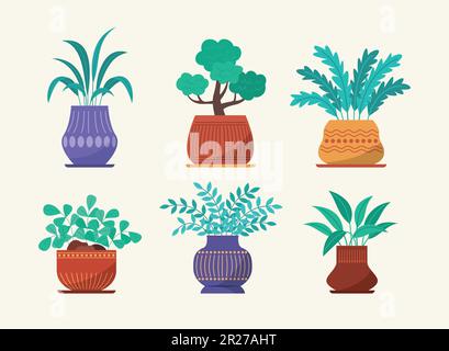 Set aus verschiedenen Formen von Blumentöpfen mit Pflanzen Stock Vektor