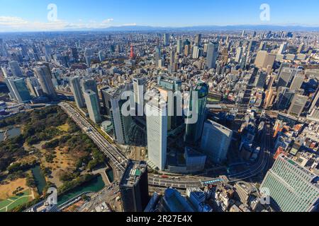 Gebäude in Shiodome, Tokyo Tower und Mount Fuji vom Himmel aus gesehen über Chuo ward Stockfoto