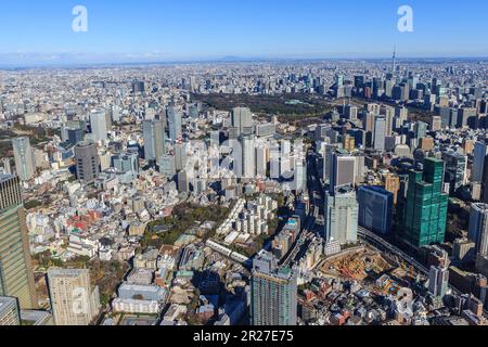 Die Gegend um Roppongi und Tokyo Skytree von oberhalb des Minato ward Stockfoto