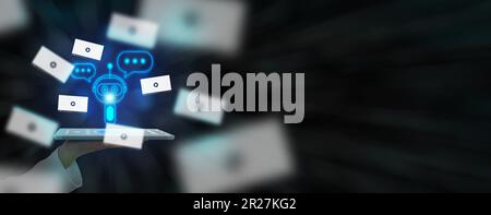 Chatbot erstellt ein Videokonzept VDO-Clips werden von generativer KI erzeugt. Sprachmodelltechnologie. Ein Mann-Hand-Tablet mit vdo, erzeugt von arti Stockfoto