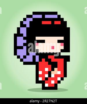8-Bit-Pixel der Geisha japan. Frauen tragen Kimono in Vektorgrafiken für Kreuzstiche und Spielelemente. Stock Vektor